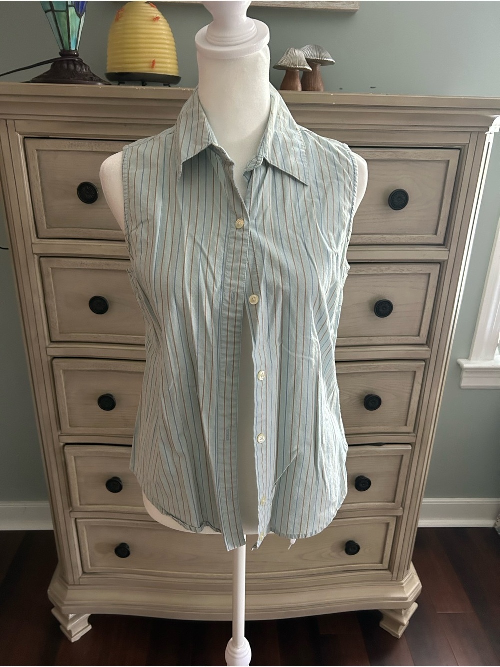 J. Crew Sleeveless Light Blue Striped Button-Down Shirt